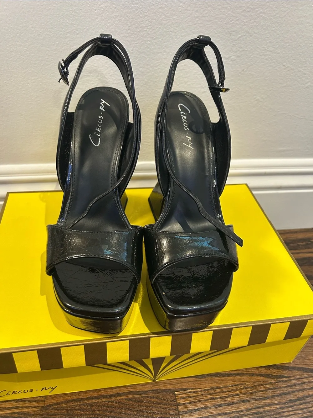 Sam Edelman Black Patent Platform Sandals with Sculpted Block Heels